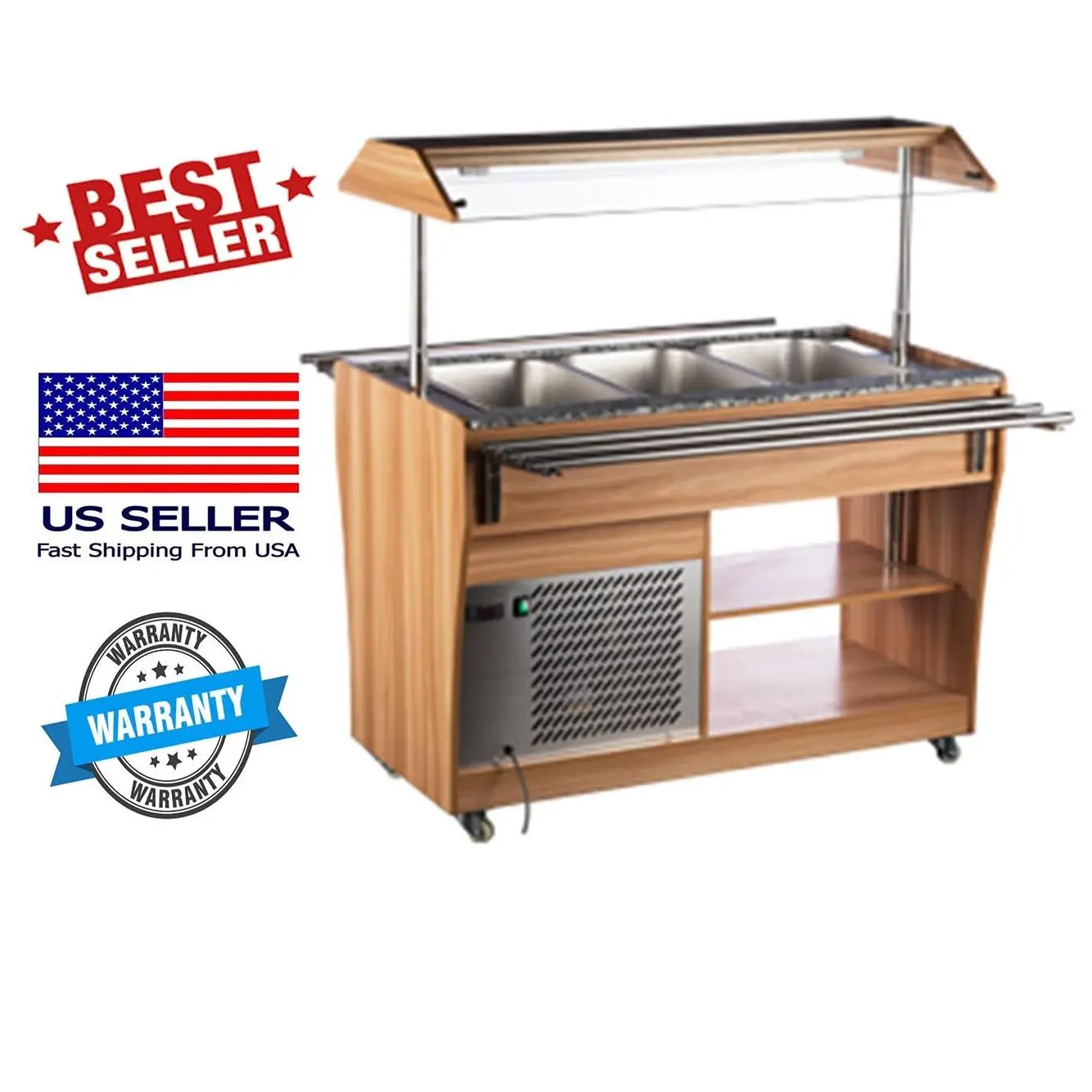 

NEW 48" Cold Table Refrigerator Buffet Mobile Trolley Salad Bar Fruit Display 3 Deep Wells And Pan Included RTS-1210L