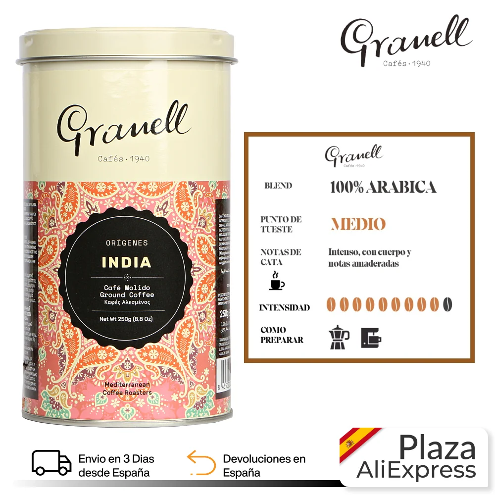 Кофе Арабика Granell-Происхождение-Индия | Молотый кофе 100% тонкий с древесным вкусом