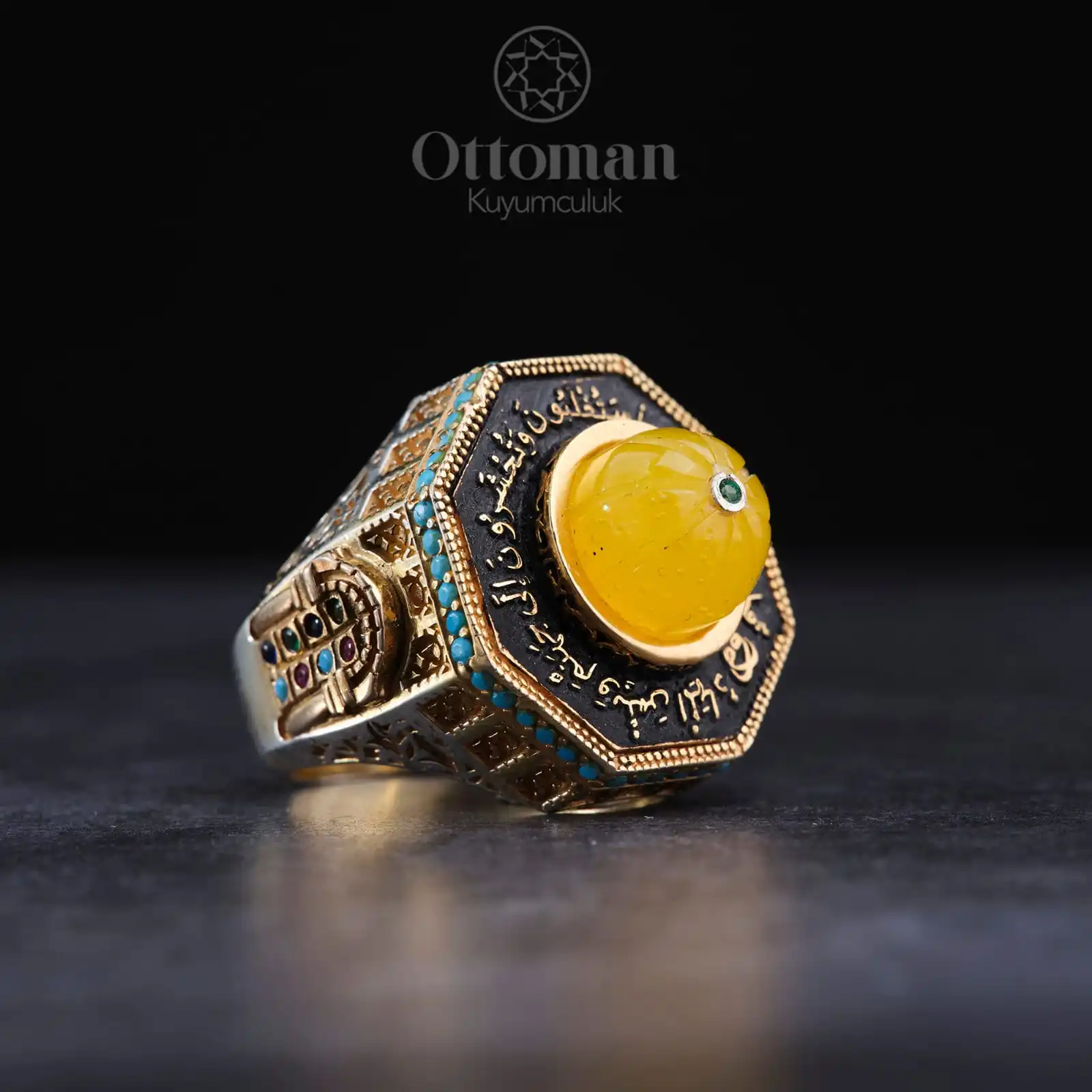 Holy Safety Jerusalem Silver Men's Ring with Amber Stone, Kubbetül Sahara Embroidered Custom Ring, Catalan Amber Stone Ring