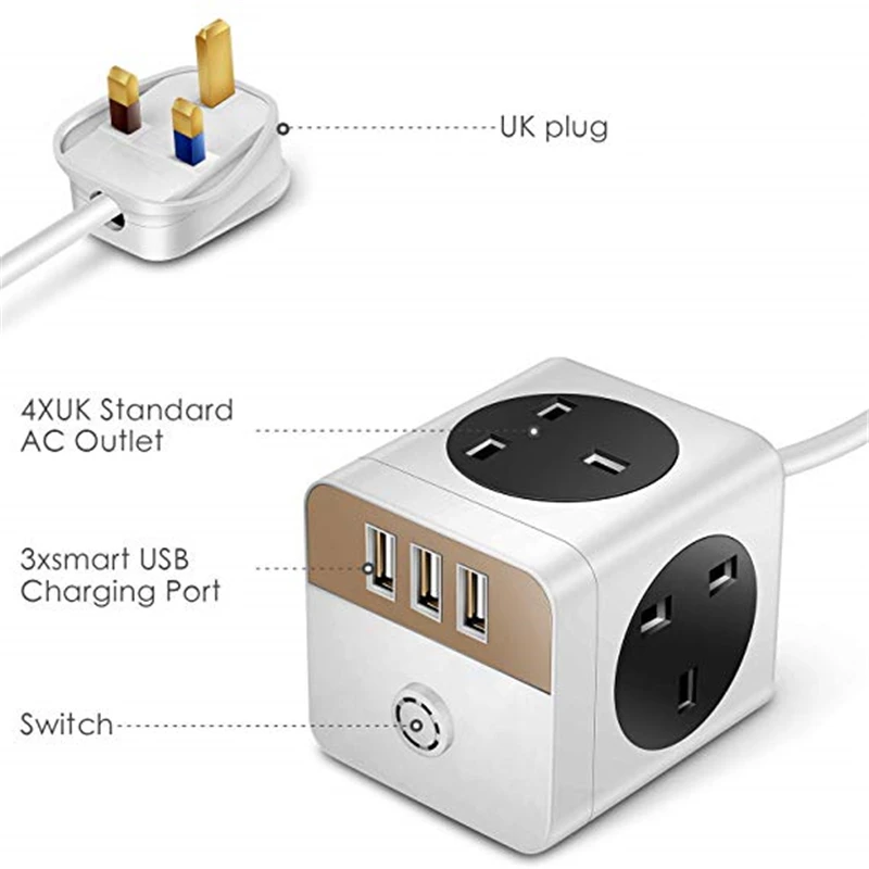 Кубический удлинитель с 3 USB 4 полосным разъемом защищенным от перенапряжения