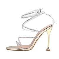 ladies square toe white high heels open toe diamond studded bling crystal sandals ankle straps strap roman gold high heels 43