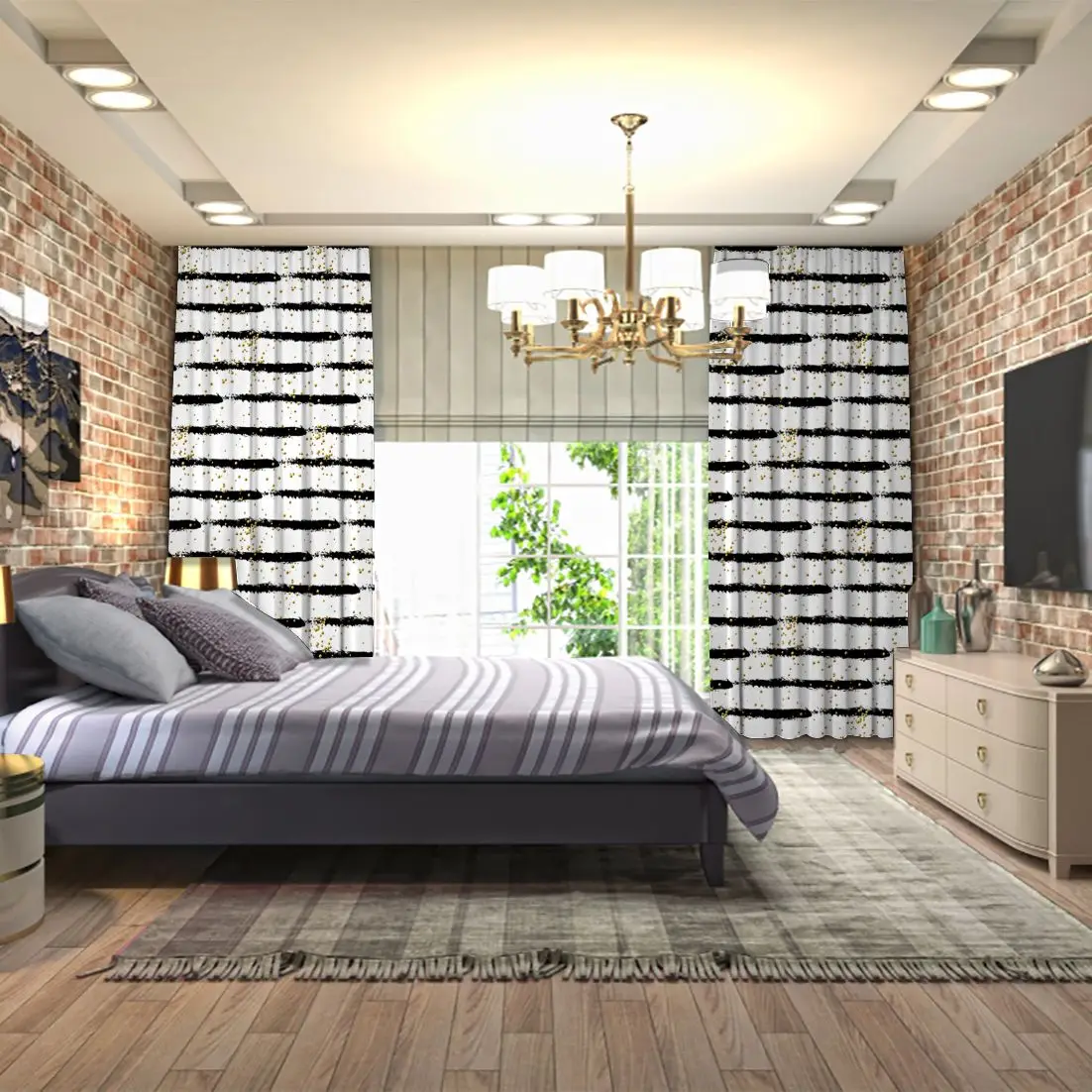 Занавес абстрактный узор с золотыми точками на черно белые полосы Современное