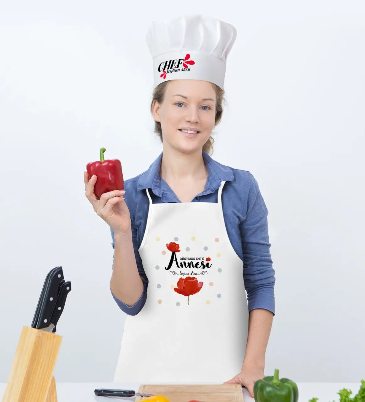 

Personalized World Best Mother Kitchen Apron and Chef 'S Hat Set-10 Custom Design Souvenir Beautiful Memories friends Co