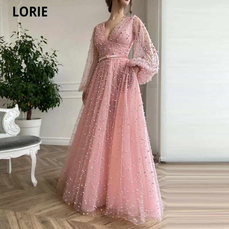 LORIE 2021 Vestidos de Noche de tul rosa para bebé, elegantes vestidos de noche con perlas completas, transparentes, mangas abullonadas, cuello en V, sexys, con bolsillos (0)