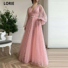 LORIE – robe de soirée en Tulle rose, élégante, perles, manches longues bouffantes, col en V, Sexy, tenue de bal avec poches, 2021  (4)