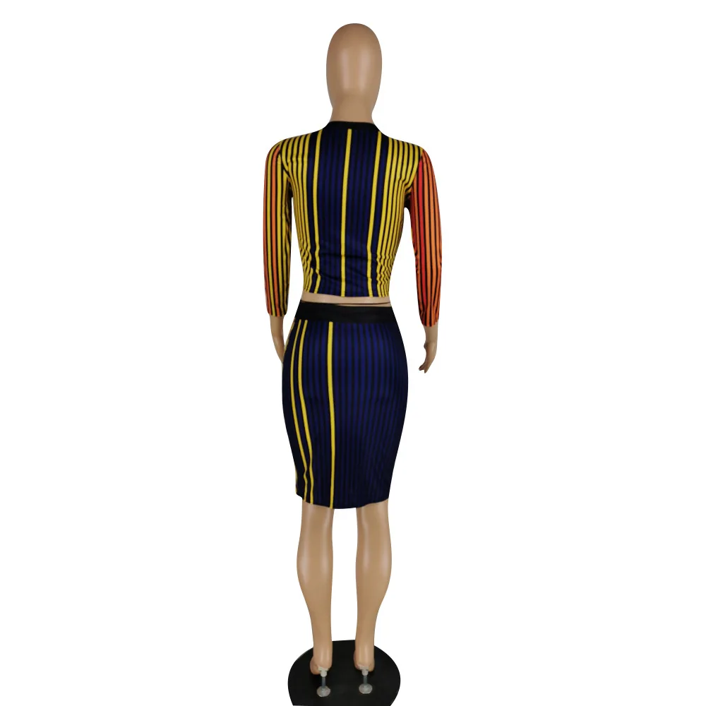 

Europe's new sexy striped printed women's suit fashion slim fit o-neck long sleeve top and short skirt