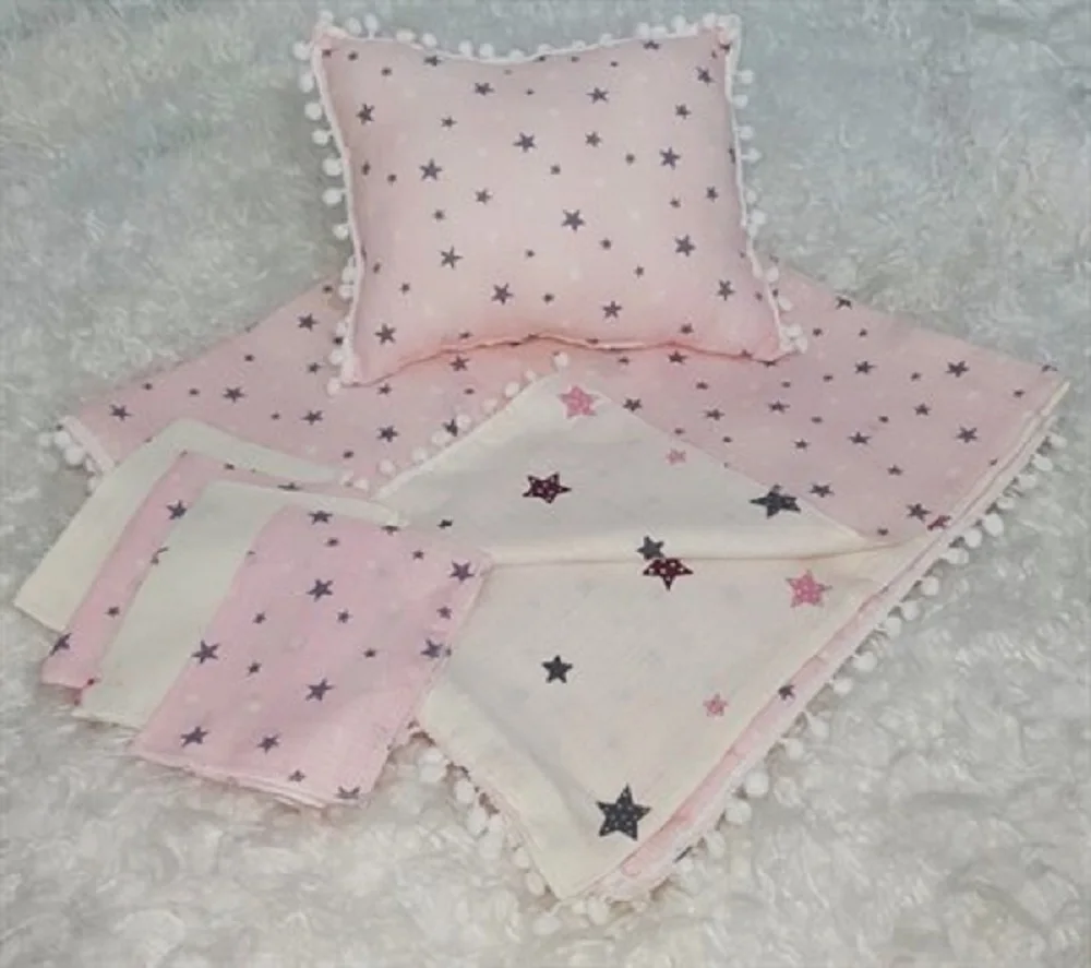 Double Sided Muslin Blanket Organic Cotton Fabric, 4 Pieces Handkerchief, 1 Piece Head Pillow Baby Set