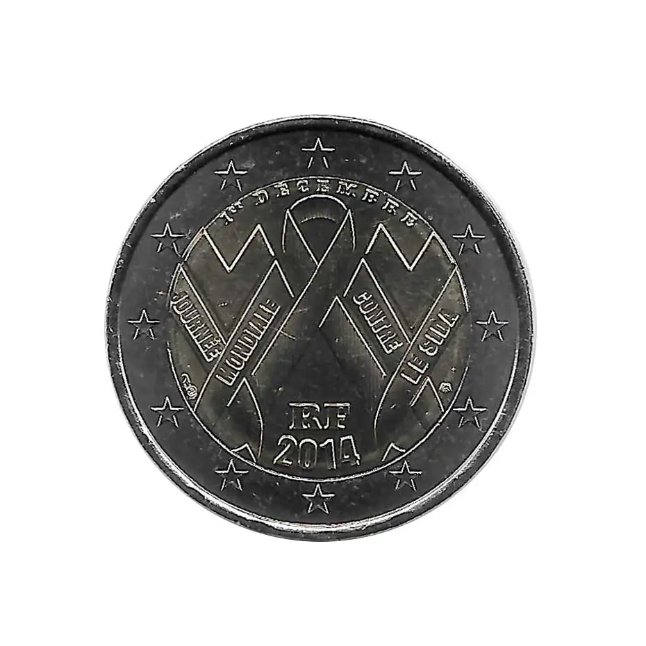 Памятная монета UNC 2 евро Франция 2014 год Всемирный день ВИЧ 1 декабря