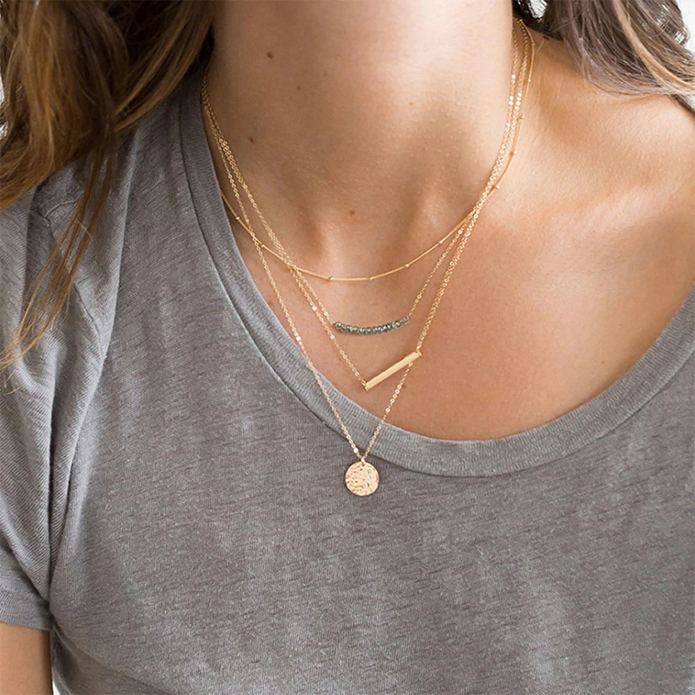 

SUNIBI Vintage Layered Choker Necklace for Women Chains Statement Accessories Gold Bar Disc Pendant Necklaces Fine Jewelry Gift