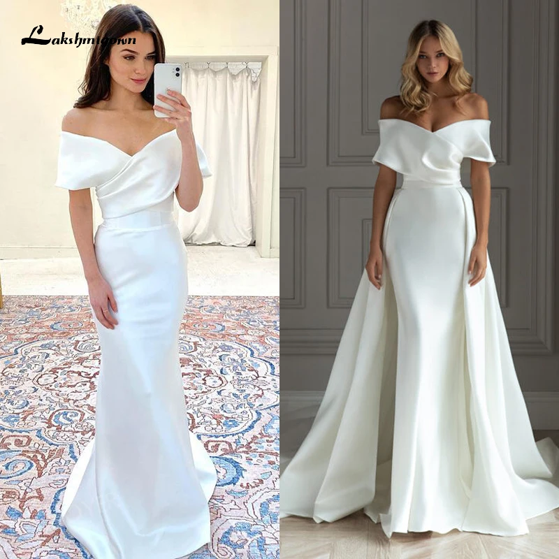 

2 In 1 Detachable Train Sweetheart Off the Shoulder Pleat Mermaid Wedding Dress Satin Bridal Gown Sweep Backless robes de soirée