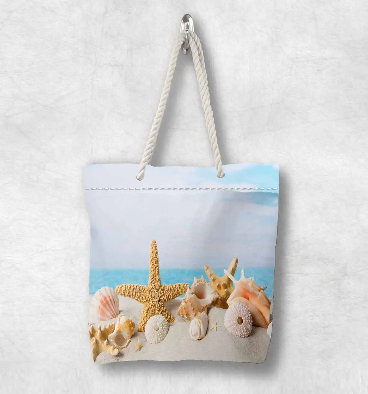 

Else Tropical Beach Sand on Sea Shells New Fashion White Rope Handle Canvas Bag Cotton Canvas Zippered Tote Bag Shoulder Bag