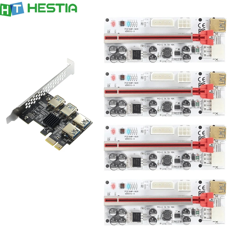 

PCIE Riser 009S PCI-E Express 16x Riser Ver010 для видеокарты PCIE от 1 до 4 VER009 Riser 010X Multiplier Bitcoin Mining Extender