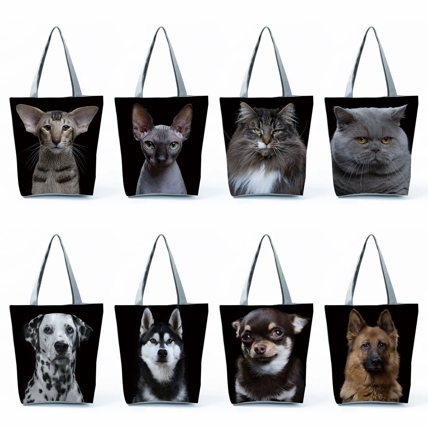 

Женская сумка с принтом кошки и собаки, черная сумка на плечо, вместительная сумка для покупок, Женская дорожная пляжная сумка, Прямая поставка
