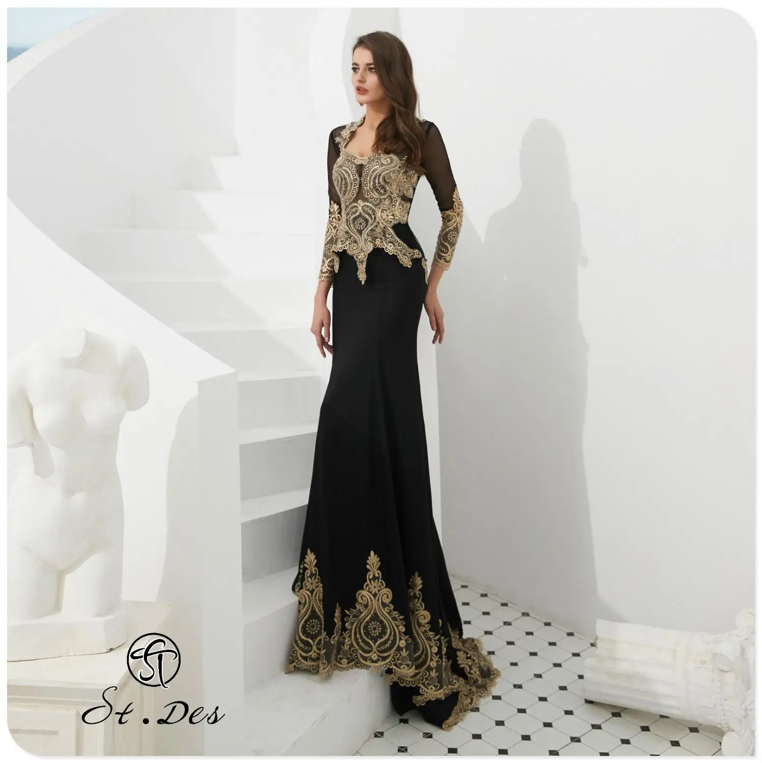 2020S.T.DES мантия русалки с круглым вырезом черное синее вино вышивка длинным