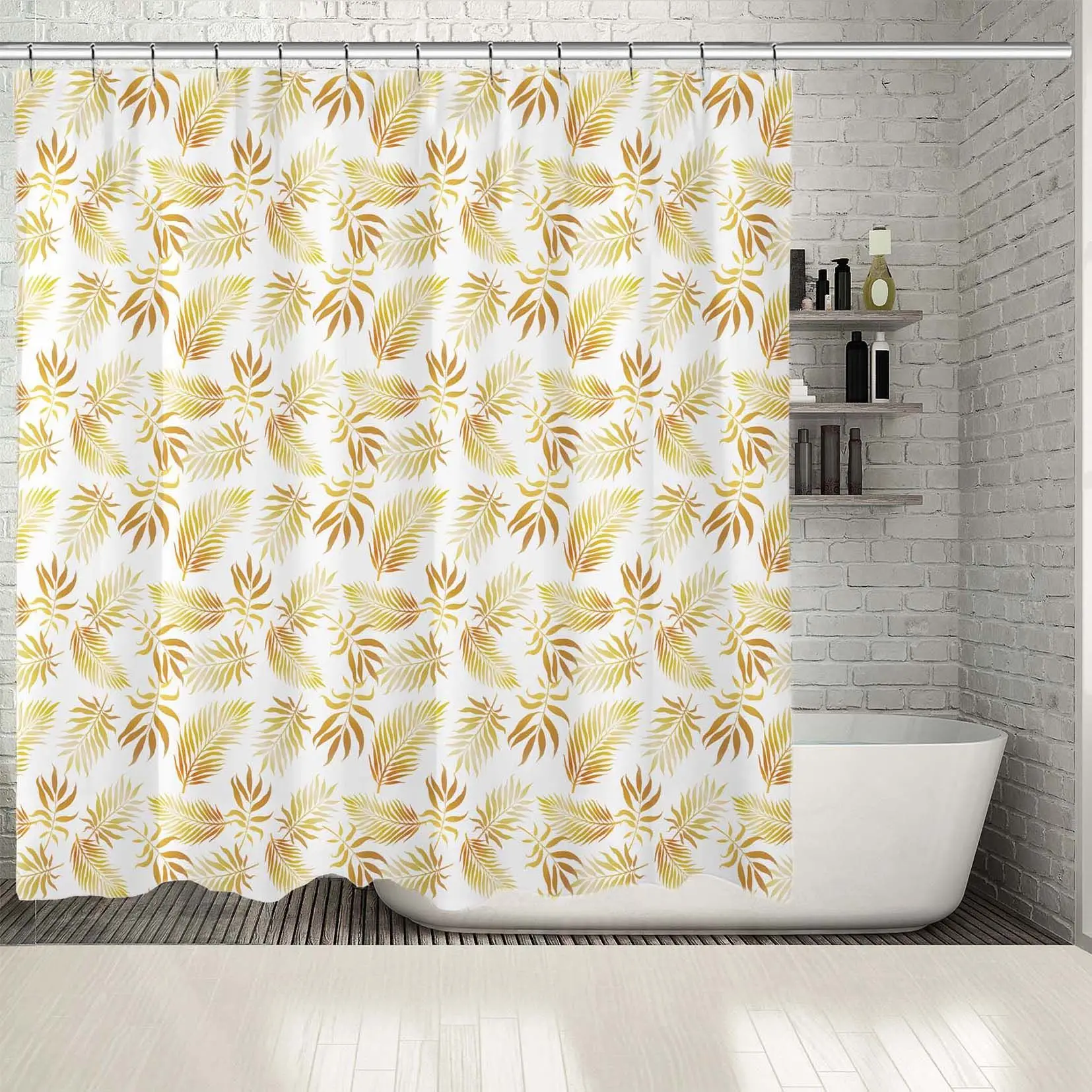 

Shower Curtain Gold Palm Tree Leaves Pattern Tropical Exotic Jungle Floral Illustration Autumn Nature Theme Art