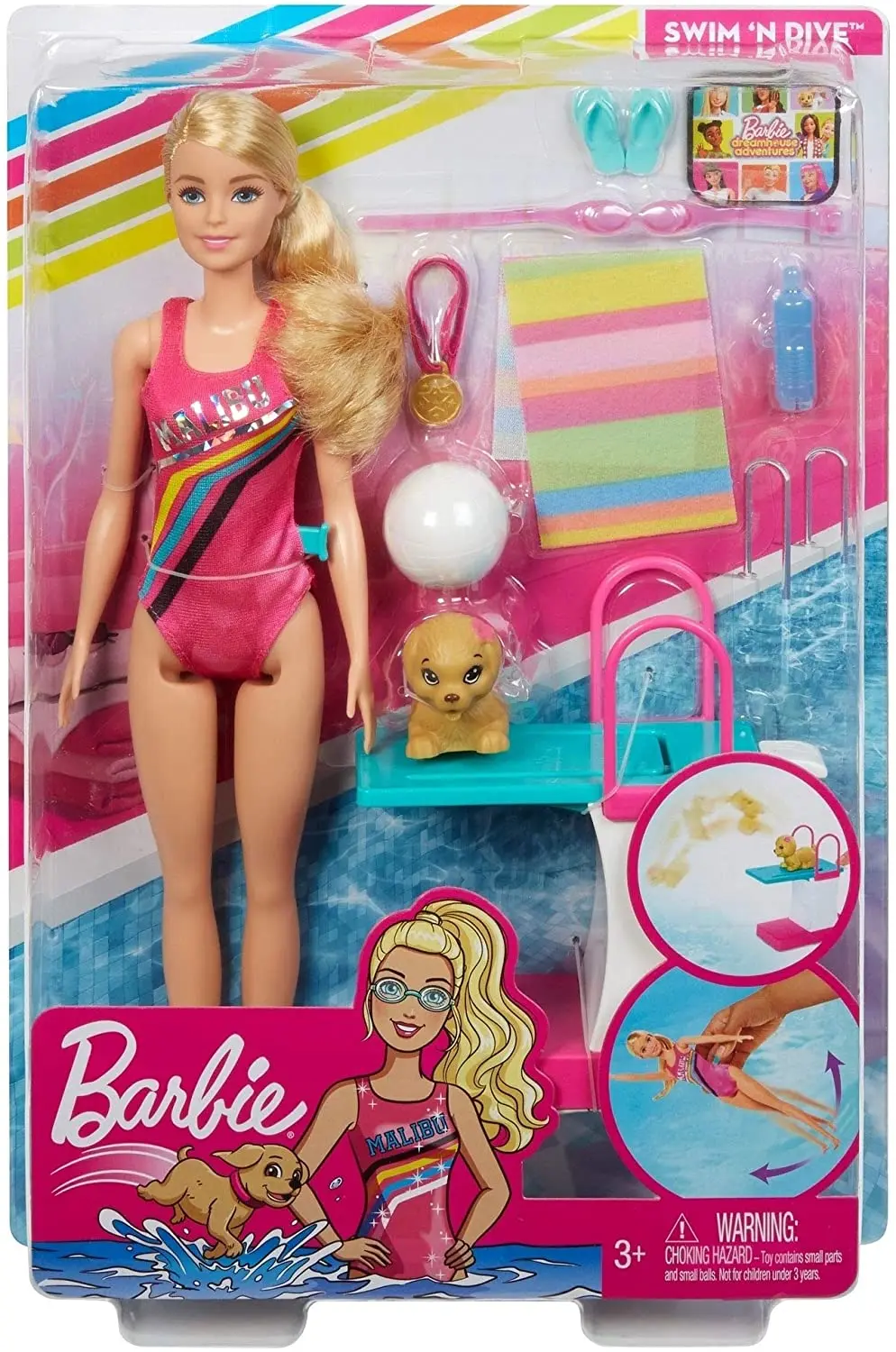 

Barbie Dreamhouse Adventures Swim'n Dive Doll, in Swimwear, with Swimming Feature, Diving Board and Puppy, 3 to 10 Year Olds