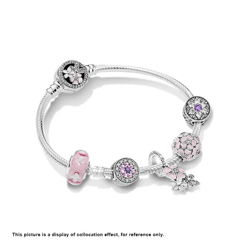 

High Quality Fashion Jewelry PANDORA S925 Silver Moments Cherry Blossom Button Snake Chain Bracelet