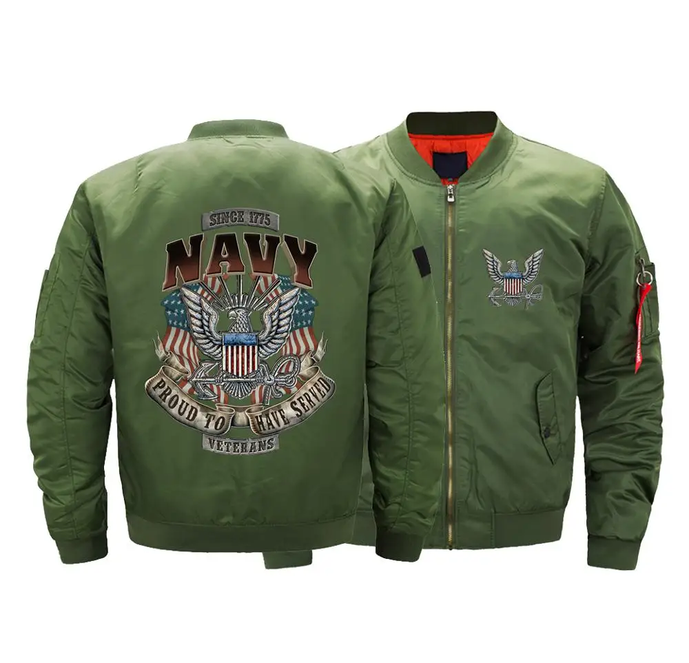 

Winter Usa Size Football Bomber Jacket Printed NAVY Veterans Men's Outdoor Thick Coat Stand Collar Rugby Zipper Clothes