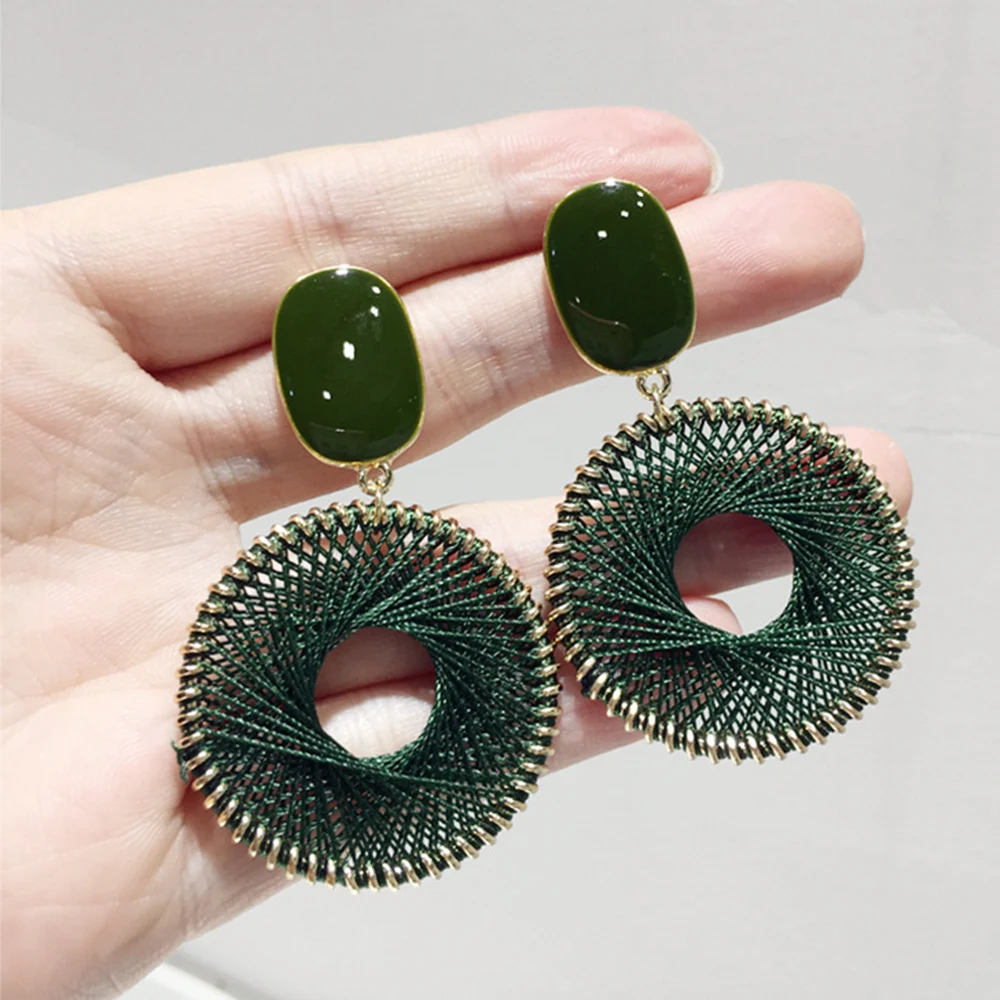 

Vintage Weaving Big Round Pendant Dangle Earrings for Women Green White Retro Drop Hanging Earrings Luxury Boho Jewelry Gifts