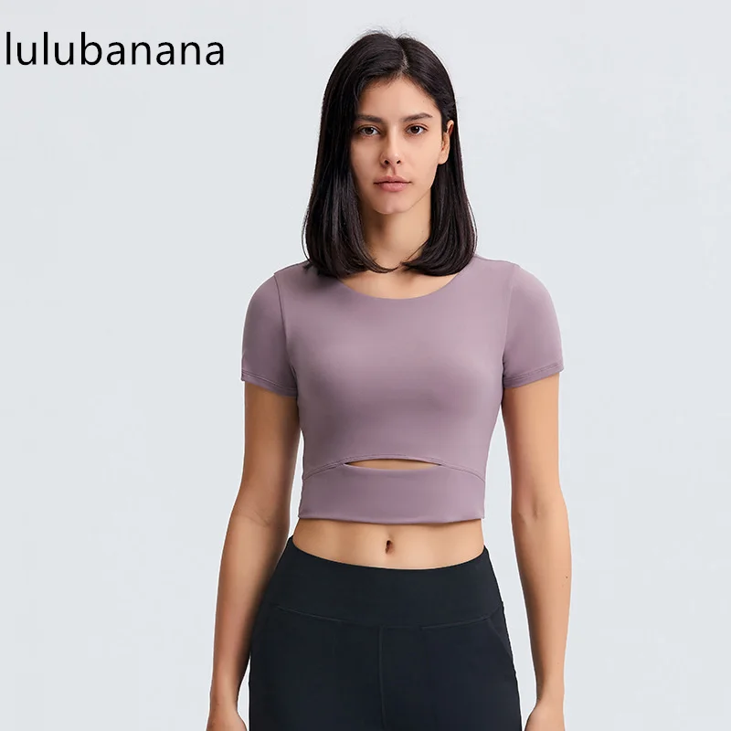 

Lulubanana Women Crew Neck Crop Tops Padded Tummy Cut-Out Short Sleeve Sport Shirt for Yoga Fitness Running Tank Tops