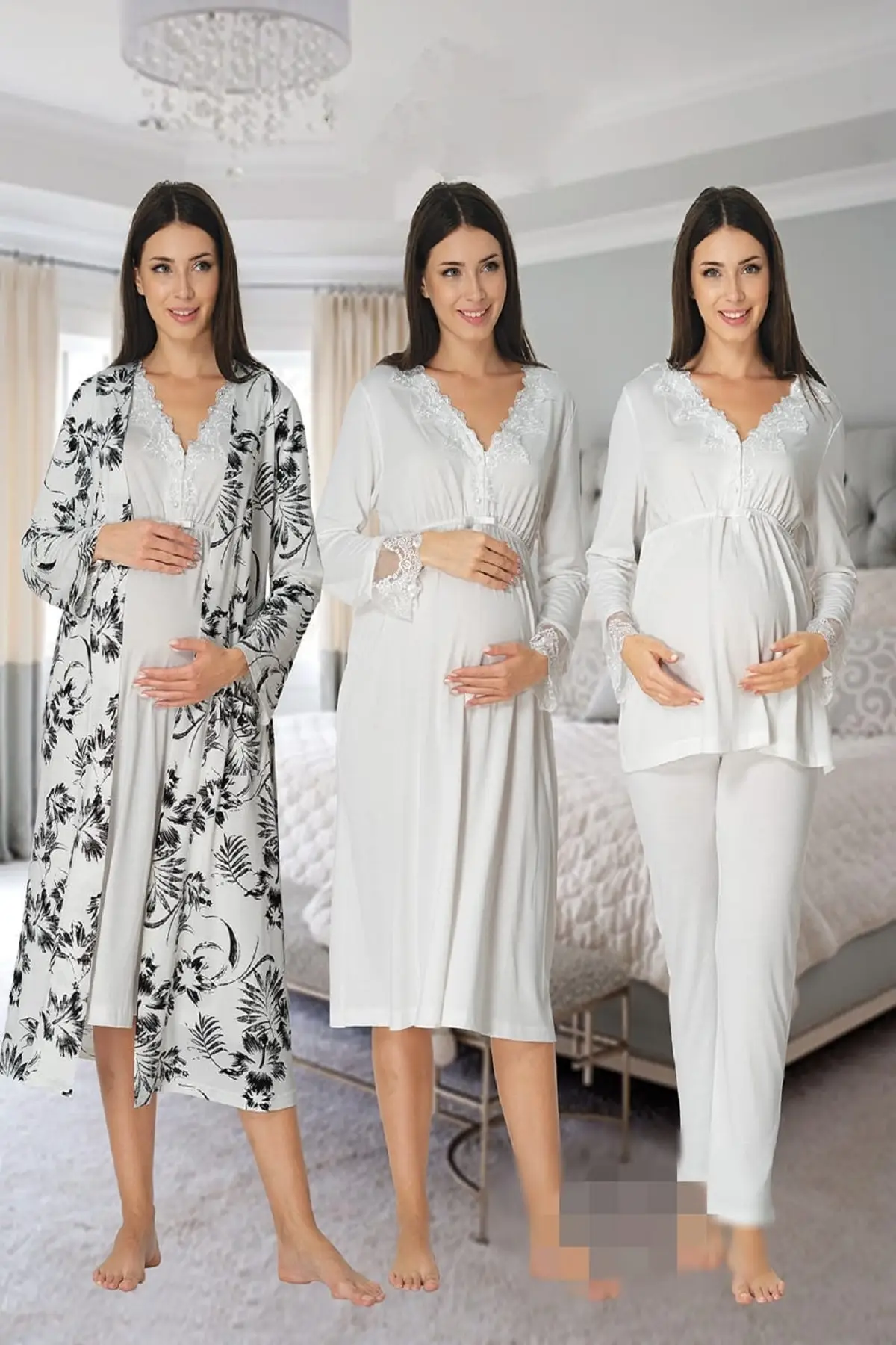 Women's White Long-Sleeve Pajamas Set Nightgown Dressing Gown Puerperal Maternity 4'lü Set enlarge
