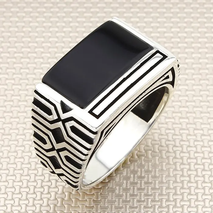 

Casual Modern Rectangle Oval Black Onyx Stone Men Silver Ring Made in Turkey Solid 925 Sterling Silver