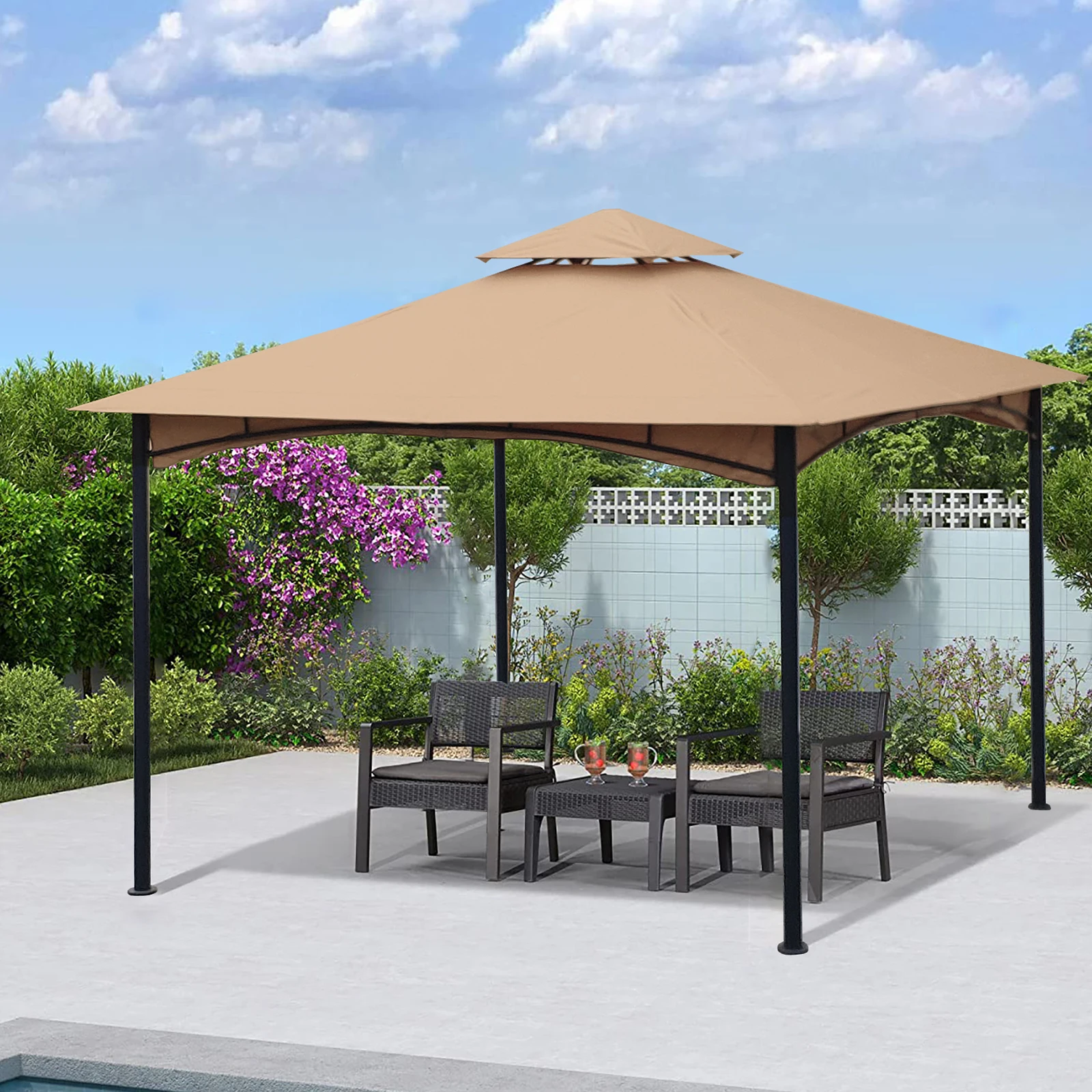 

11x11 Ft Outdoor Patio Square Steel Gazebo Canopy With Double Roof For Lawn Garden Backyard Khaki/Brown[US-W]