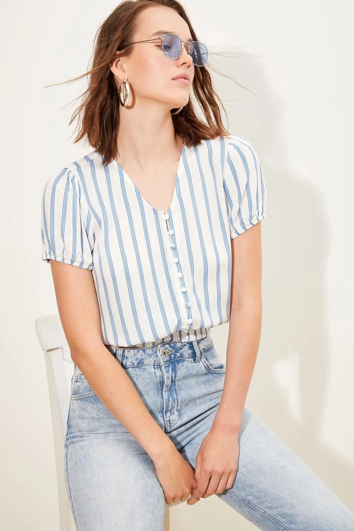 DeFacto летняя модная женская блузка с v-образным вырезом и коротким рукавом Женская