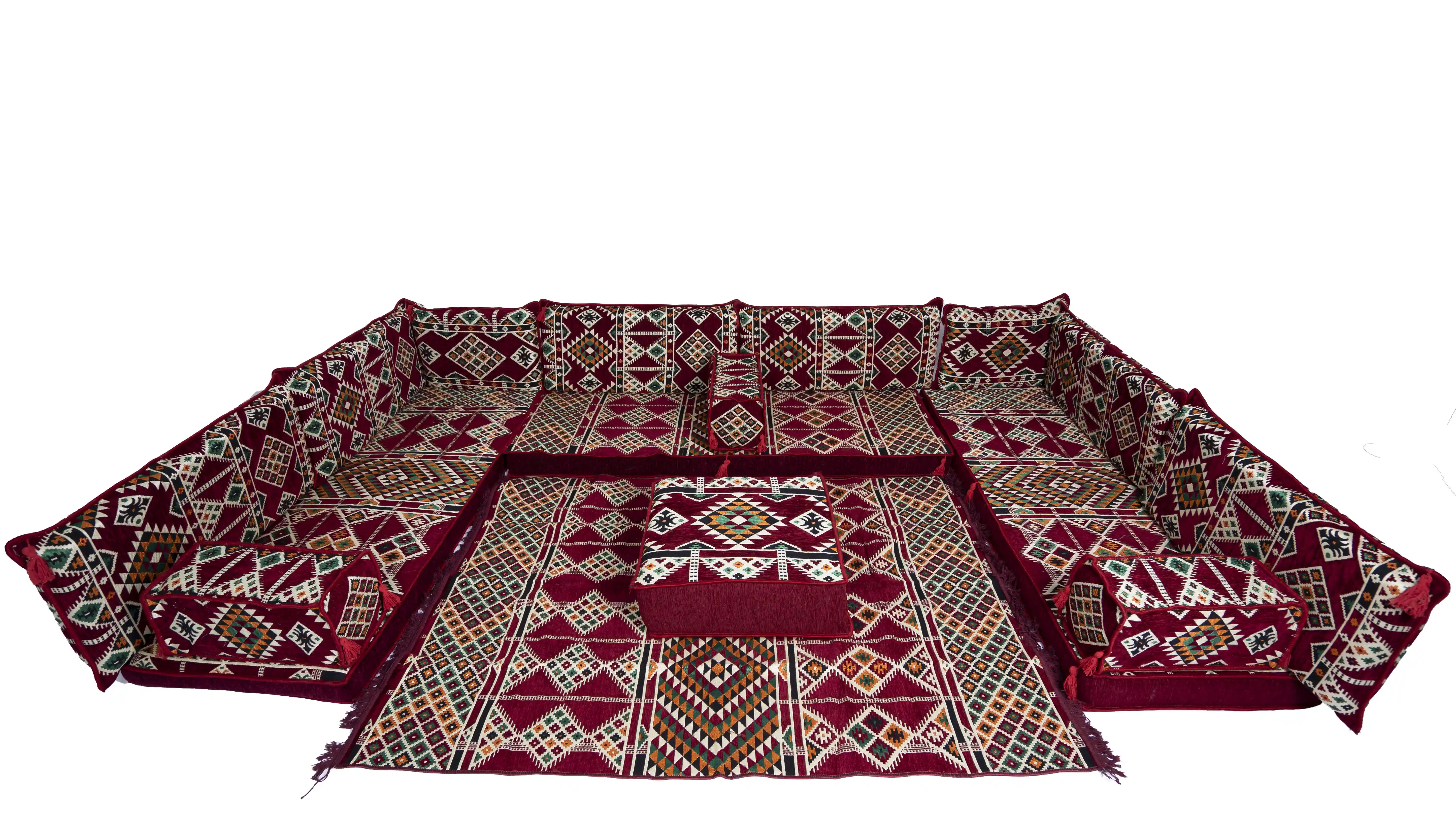Conjunto de sofás árabes en forma de U, almohadas de suelo de esquina, asientos de sofá, cojines de suelo, color rojo claro
