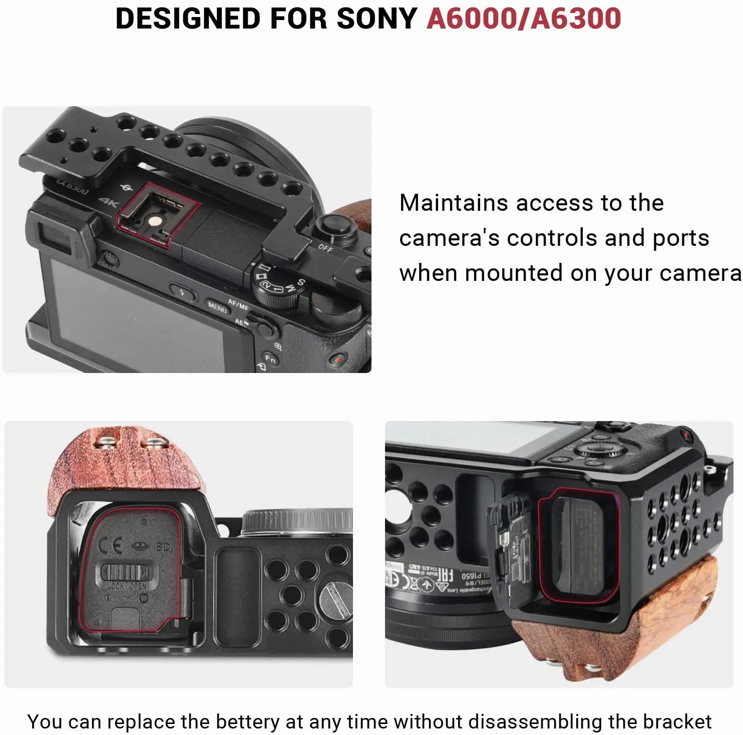 Клетка SmallRig sony a6000 для камеры Sony A6300/A6000 с деревянной ручкой и двойной камерой 2082 |