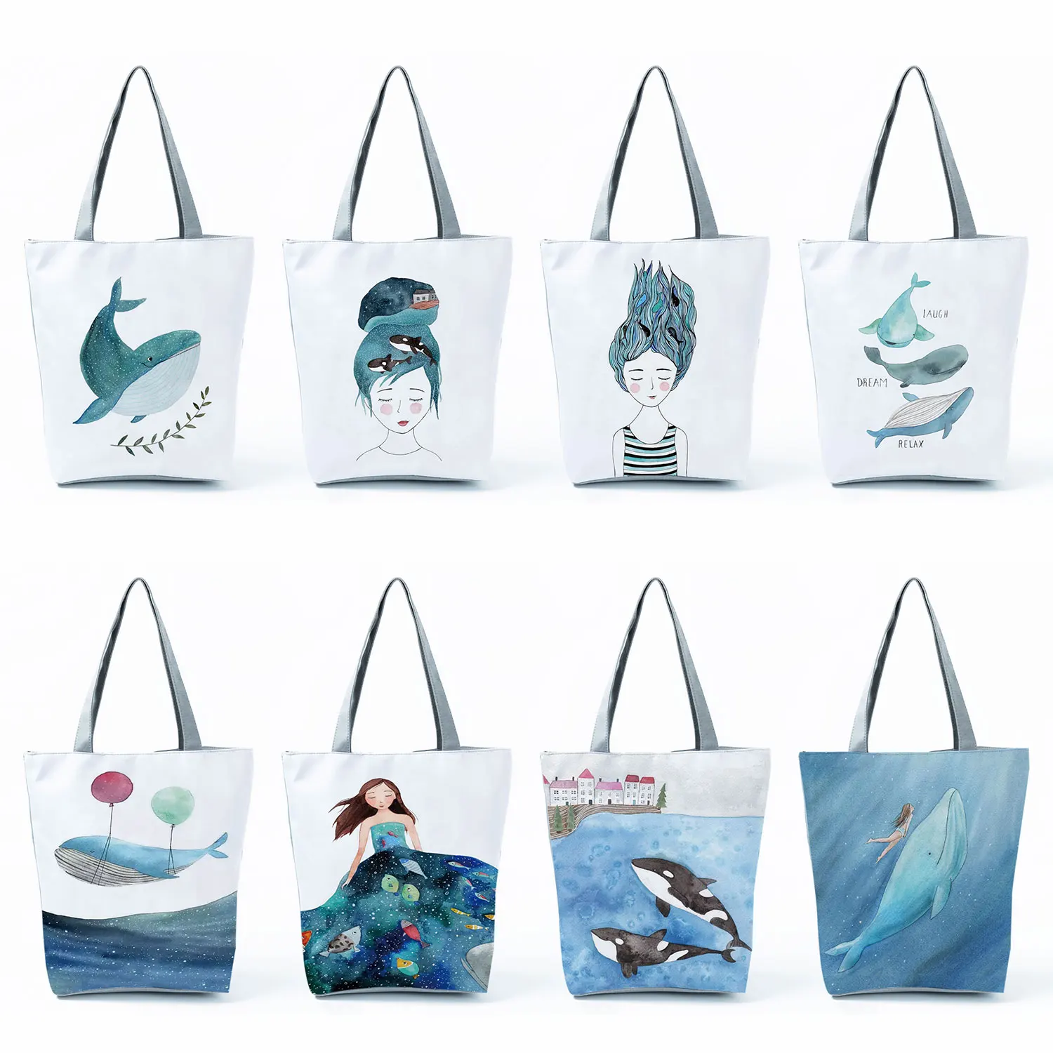 

Cute Whale Sea Series Printed Shopper Bag Blue Ocean Women Handbags Large Capacity Totes Beach Bag Dropshipping Custom Pattern