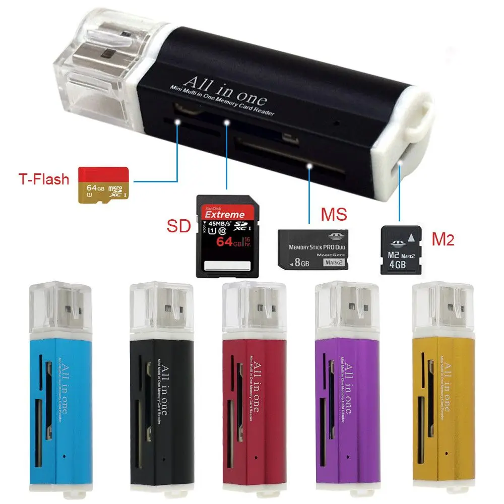 

4 In 1 Micro USB 2.0 Memory Card Reader Adapter for Micro SD SDHC TF M2 MMC MS PRO DUO