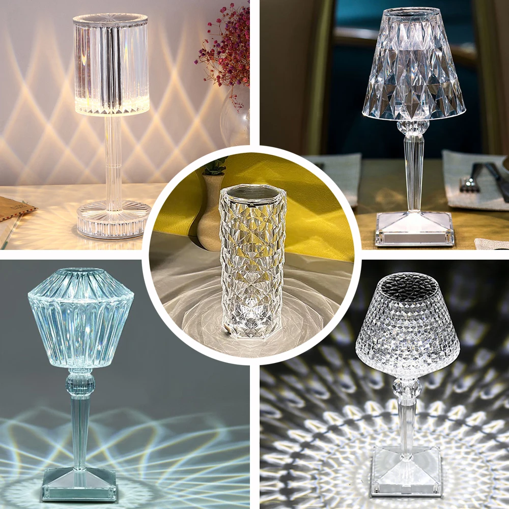 

Crystal Diamond Table Lamp Touch Remote USB Rechargeable Projector Desk Acrylic Room Decor Atmosphere Night Lights Bedroom Bar
