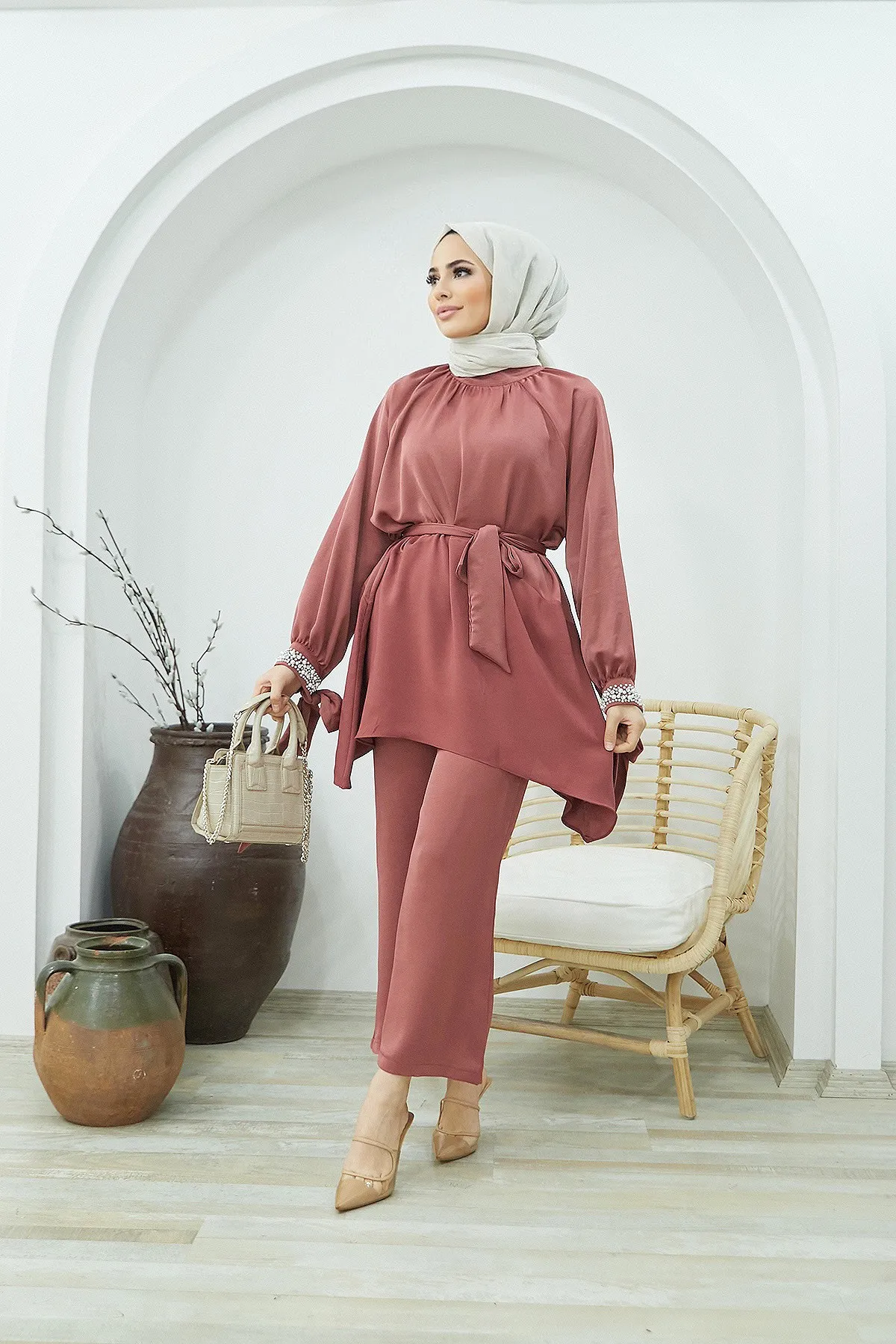 

Women's twinset tunic and trousers bottom and top handle gemstone belted elegant and stylish hijab suit women clothing handle cubic Zirconia