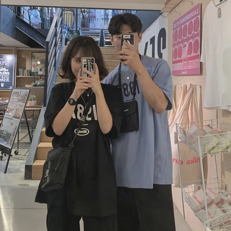 

Casual Couples Tees Letters Printer T-shirts Clothes Hot Summer 2021 Korean Style Cotton Tee For Women Man Short Sleeve T-shirts