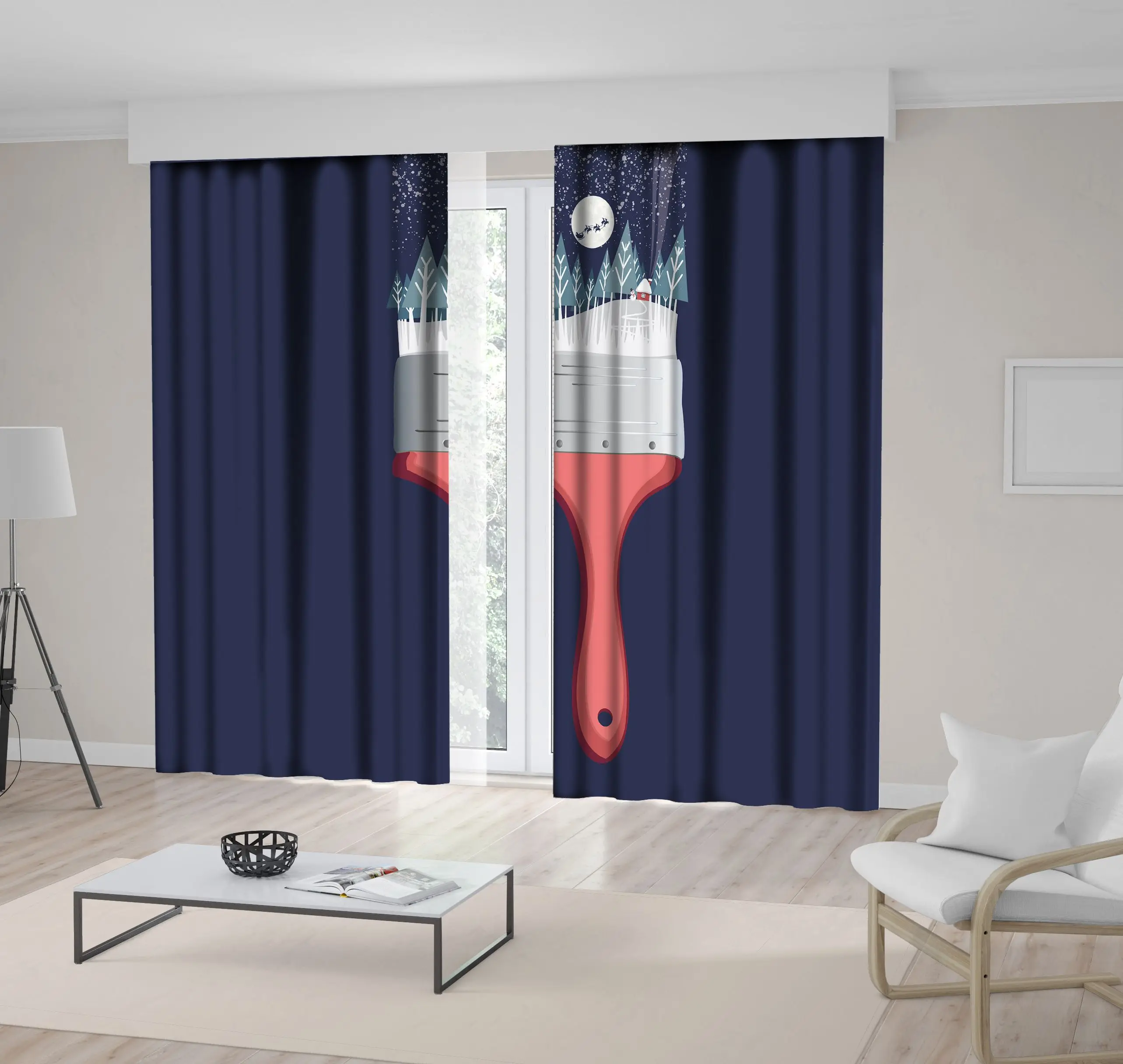 

Curtain Full Moon Trees and House Snowy Winter Night Christmas Theme from Paint Brush Creative Art Blue Red Green