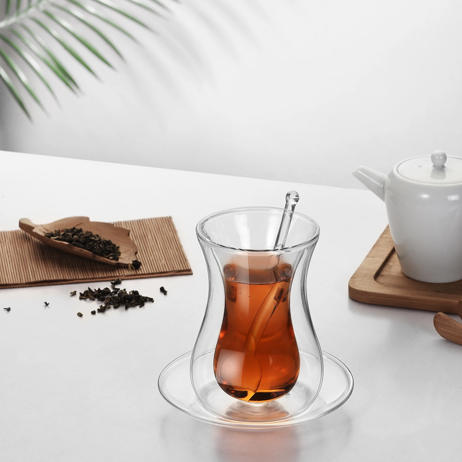 

Double Layer Glass Coffee Cup Teacup 150ml Transparent Black Tea Cup Juice Milk Cup with Glass Spoon and Saucer
