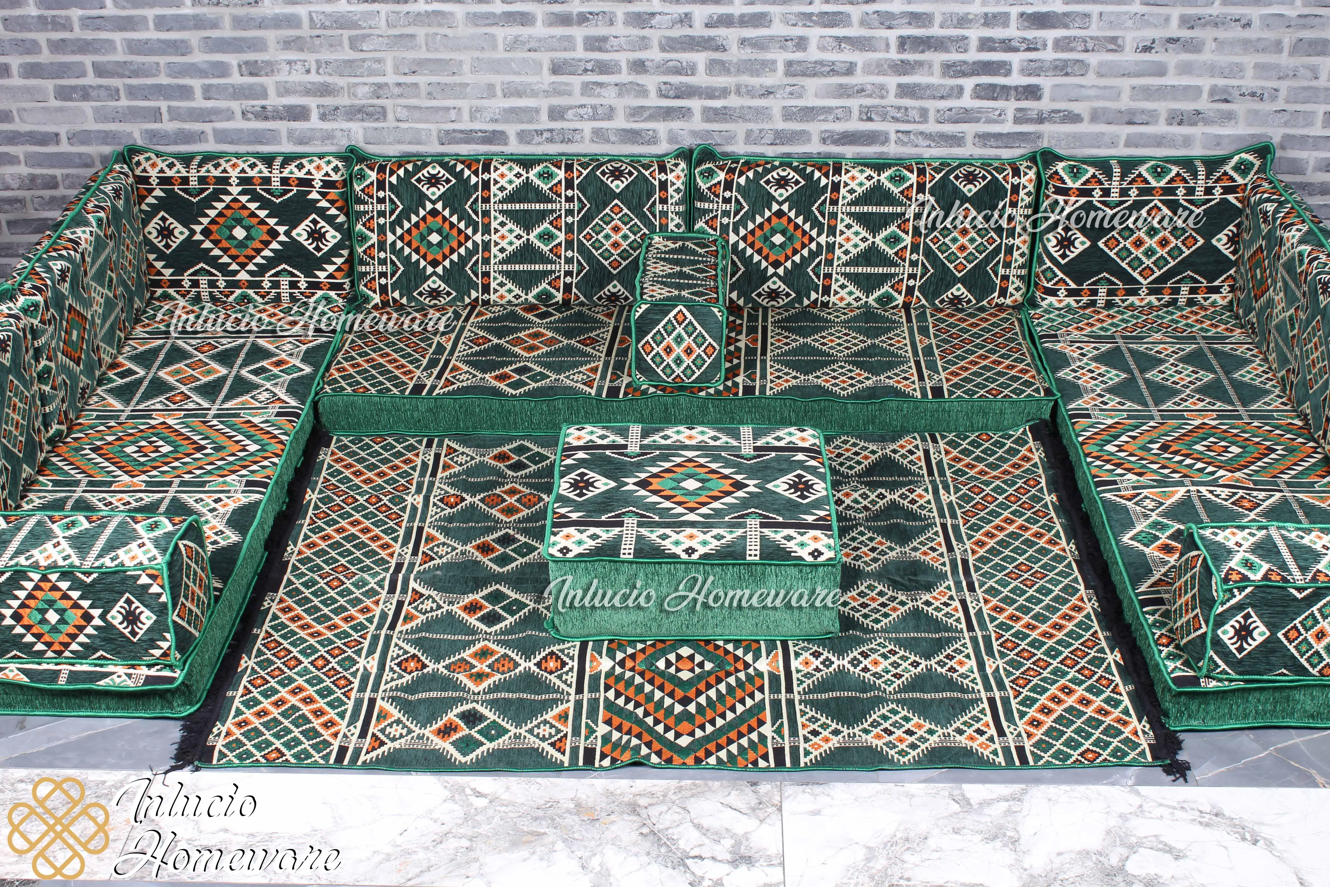 

Arabic Majlis Set Arabic Jalsa Japanese Sofa U Shaped Floor Cushion Green Traditional Pillow Set Carpet Ottoman Furniture