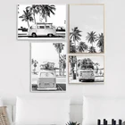 Картина на холсте с изображением пальмы, Ван-Ван, пляжа, серфинга, черно-белая фотография, постер с океаном, декор в стиле бохо для гостиной