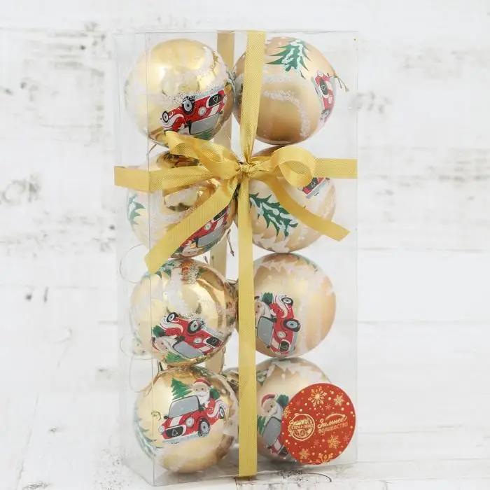 Набор шаров пластик d-6 см 8 шт 'Дед Мороз на автомобиле' золото (комплект из 3