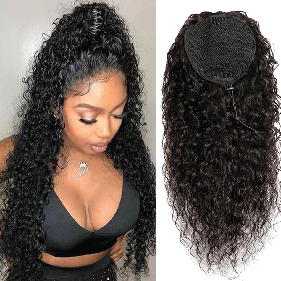 

Water Wave Drawstring Ponytail Human Hair Ponytail For Black Women 28 Inch Remy Hair Long Clip in Ponytail Human Hair Extension