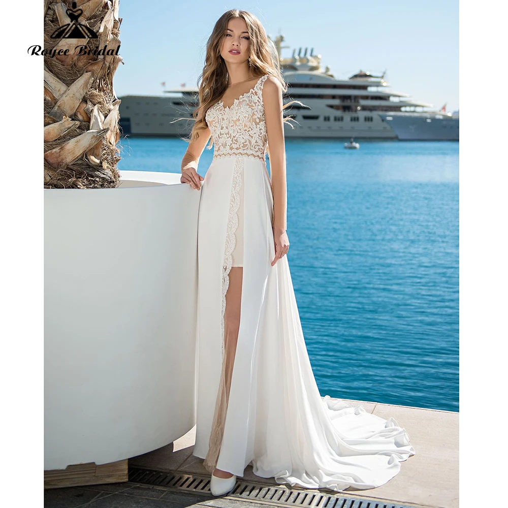 

Sexy High Split Wedding Dresses Bridal Gowns 2022 Sleeveless Brush Train Lace Up TANK V-neck Chiffon Appliques Floor-Length Lace