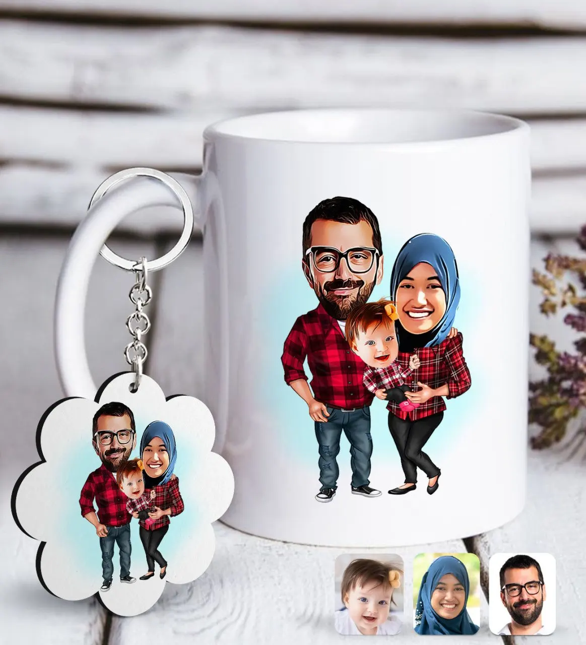 

Personalized Veil Family Caricature Of White mug And Keychain Gift Seti-2