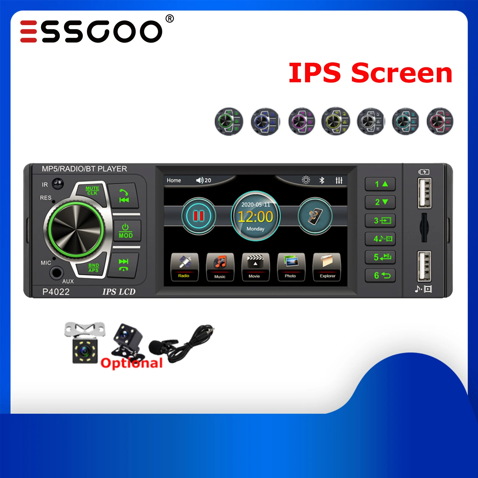 

ESSGOO Car Radio 1 Din MP5 Player 3.8 Inch IPS Screen Autoradio Stereo FM Bluetooth Mirror Link Microphone Rear View Camera