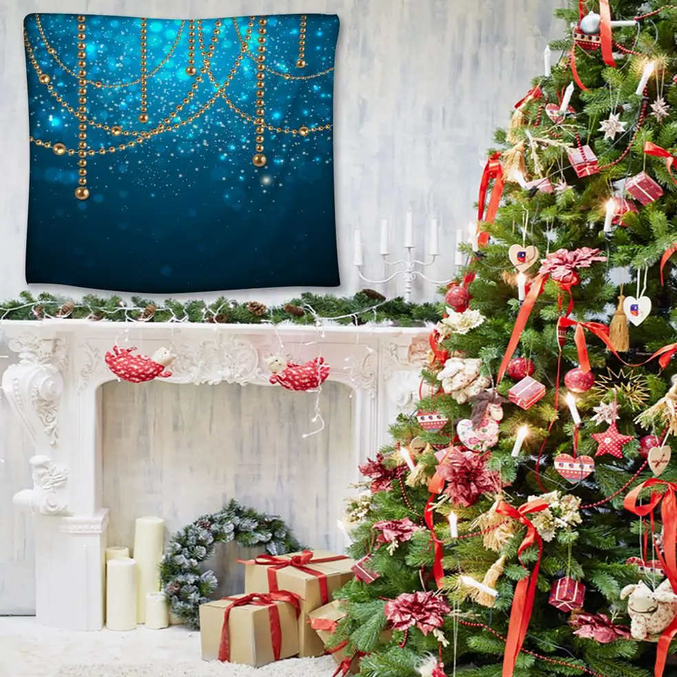 Tapestry Golden Decorating Baubles On Glowing Holiday Becomes Blurred Background Snowflakes And Stars Yellow With Blue | Дом и сад