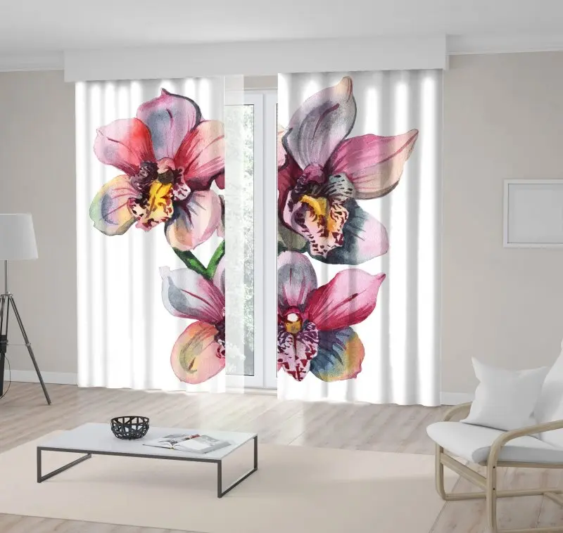 

Curtain Orchid Flowers Branch Classic Style Watercolor Painting Artwork Printed Pink Blue Yellow