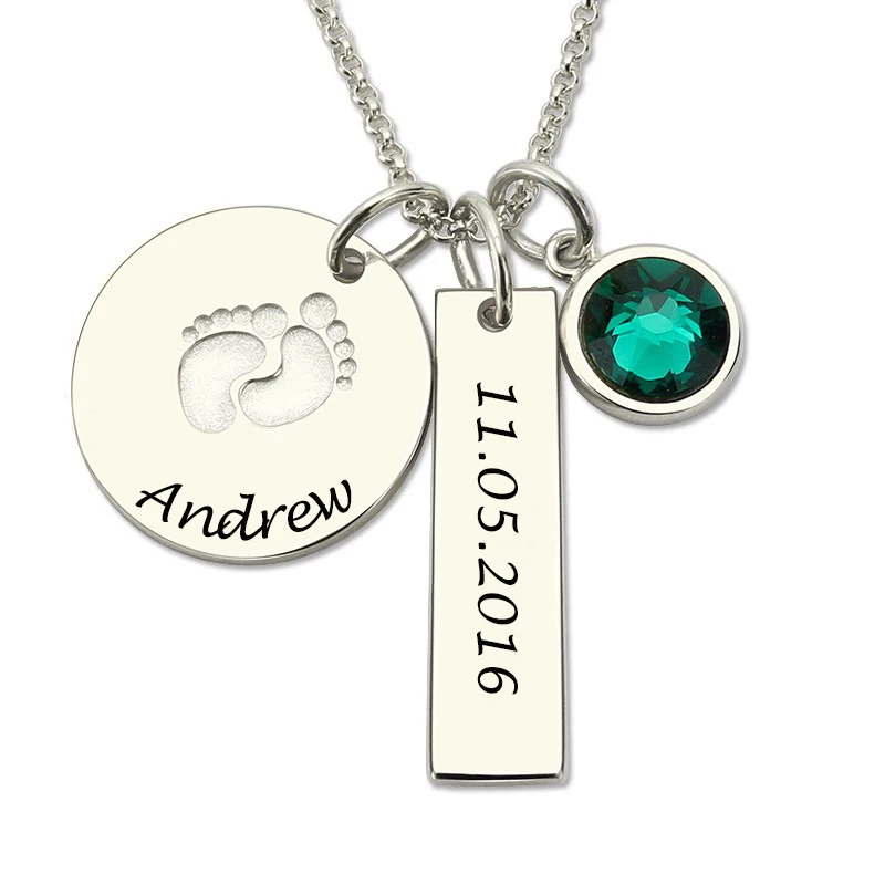 

Silver Baby Feet Birth Stone Necklace Personalized Name and Date Necklaces New Baby Jewelry Push Present Gift for Mother Mom