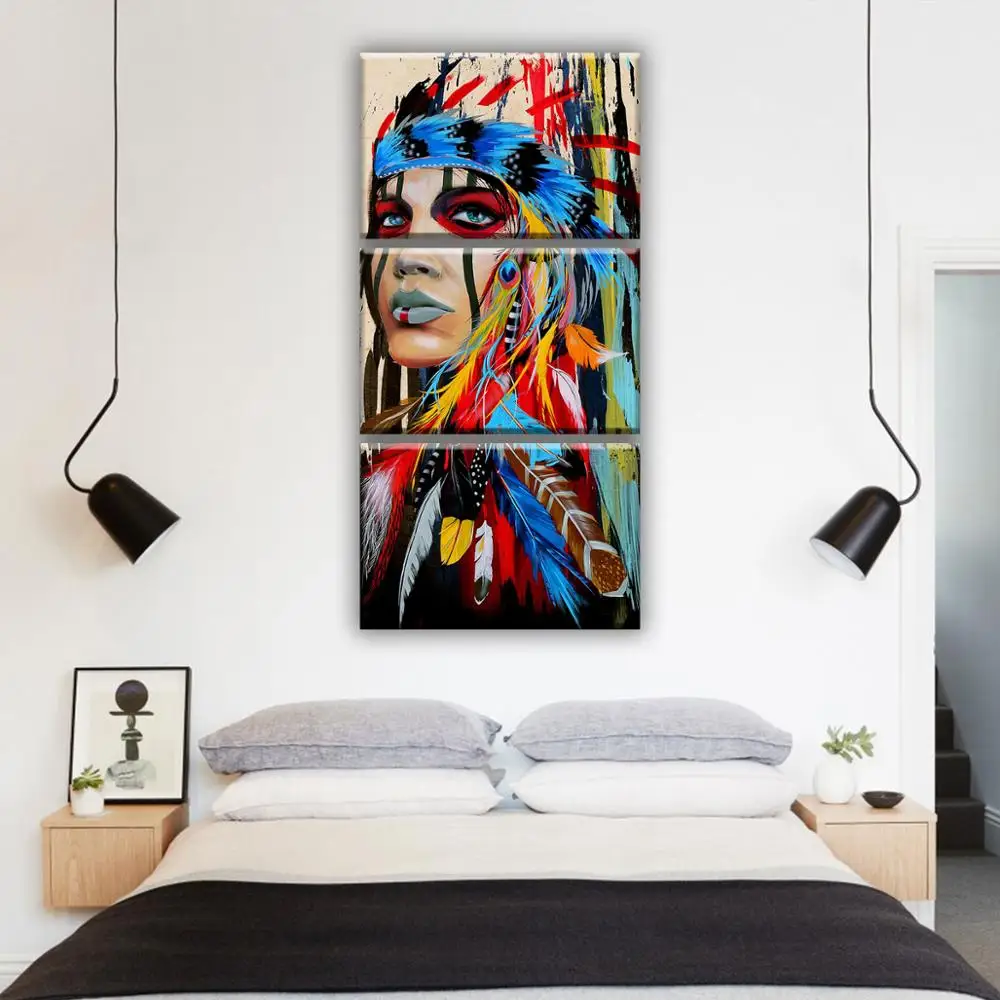 Модульная картина на холсте 3 модуля триптих Индеец живопись. Вертикальная в