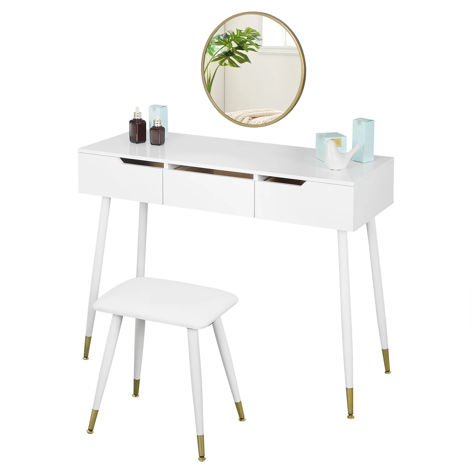 Белый туалетный столик с табуретом зеркальные шкафы 3 ящиками современный