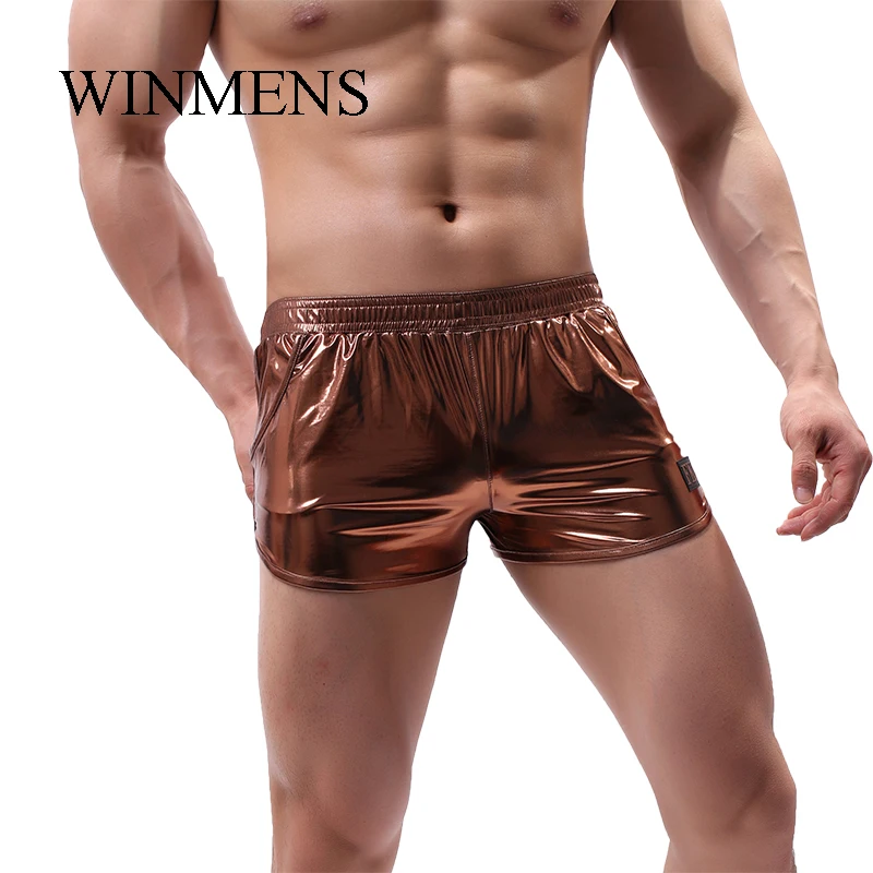 Men's Panties Candy Colors Solid Faux Leather Elastic Male Sexy Bulge Pouch Long Boxer Shorts Underwear